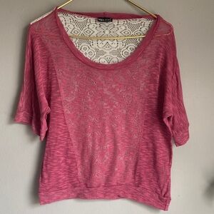 Wet Seal Fuchsia Lace Overlay Short Sleeve Tee vintage 2000